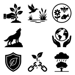 Nature Conservation Icons Black Silhouette Set On White Background © shahin9