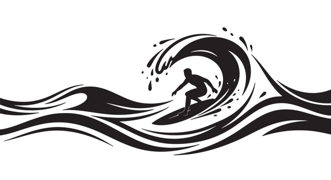 Clean minimalist silhouette vector illustration of ocean waves and surfing action, white background