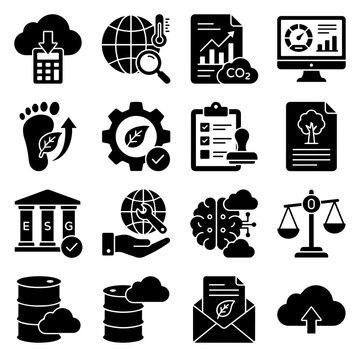 Environmental Sustainability Icons Flat Black Silhouettes On White Background