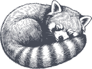 Obraz premium hand drawn illustration of a red panda sleeping curled up in navy blue dark tones with no white fills for versatile design use