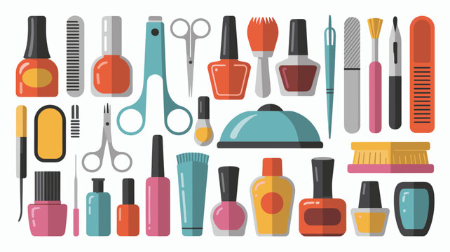 Large collection of manicure and pedicure tools including nail polish bottles and files are organized in a flat layout for beauty care.
