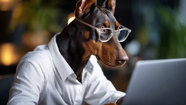Determined dog wears glasses, focused on laptop