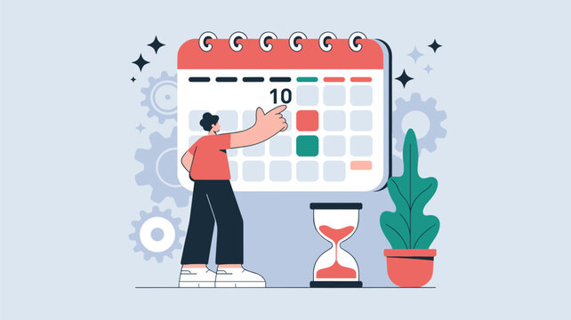 Person points at dates on a large monthly calendar next to an hourglass and gears to represent effective time management and planning.