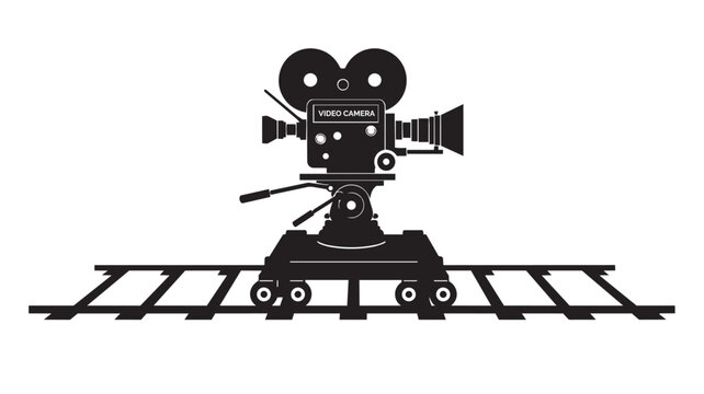 Black vintage movie camera on a studio dolly track