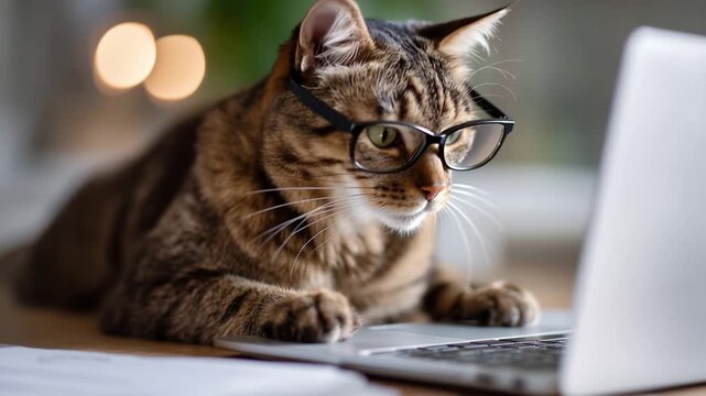Cute tabby cat wears glasses