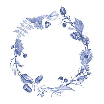 Watercolor autumn and winter floral wreath in blue colors. Elegant and delicate design for invitations, plates decoration, decal, scrapbooking, greeting cards