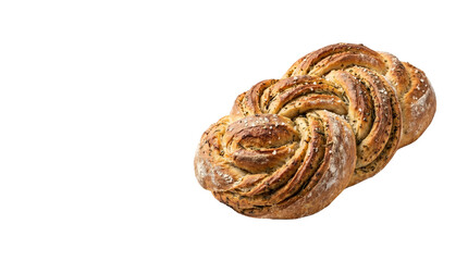 Fototapeta premium Braided cinnamon bun with sugar topping, golden brown swirled pastry, traditional sweet cardamom bread for breakfast or fika isolated PNG with Transparent Background