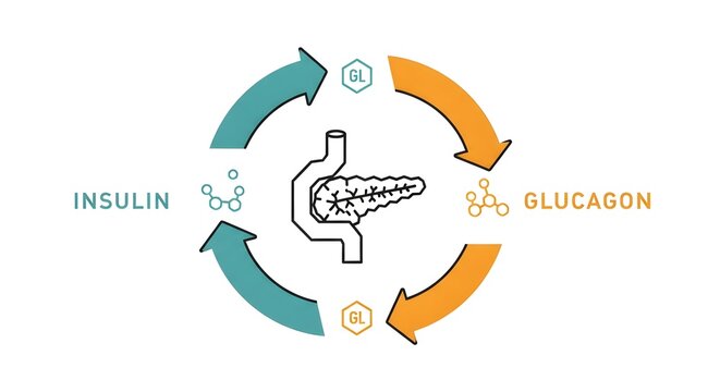 Diagram illustrating the cyclical regulation of blood sugar by the pancreas through the hormones insulin and glucagon.