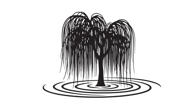 Black ink drawing of a weeping willow tree by a pond