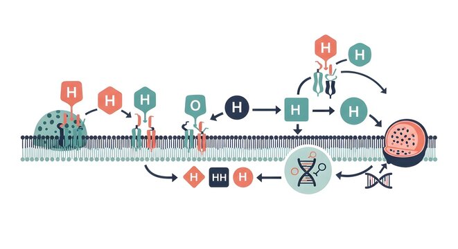 Detailed illustration of hormone signaling pathway, showing receptor binding, intracellular cascade, and gene expression regulation within a cell.
