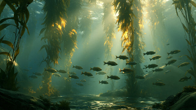 Explore Vibrant Marine Ecosystem: Fish Swimming Amidst Kelp and Coral in Tranquil Underwater Habitat