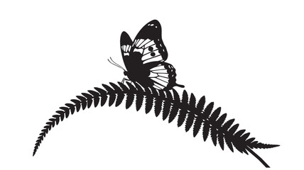 Black silhouette of a butterfly resting on a fern leaf © rockbd