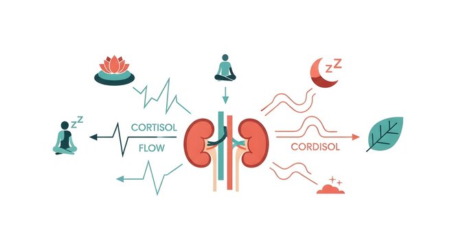 Illustration showing the impact of meditation, sleep, and natural elements on cortisol levels and kidney health.
