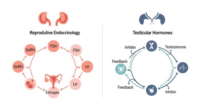 Illustrative diagrams detailing the female reproductive endocrinology cycle and the male testicular hormone feedback loop.