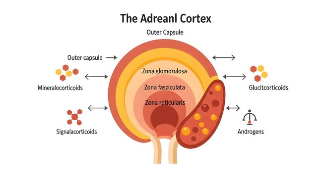 Diagram illustrating the layers of the adrenal cortex and the hormones produced by each zone.