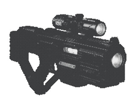Retro futuristic sci-fi laser gun weapon vector illustration with circle dot halftone pattern isolated on white background