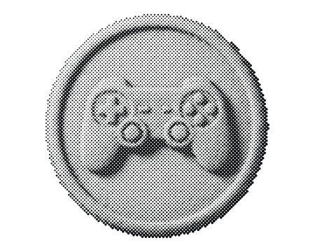 Retro halftone video game controller isolated on white background with vintage circle dot pattern design and classic gaming buttons
