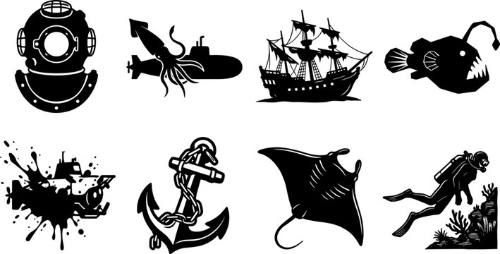 Deep sea ocean exploration vector icon set featuring diving helmet kraken submarine shipwreck anglerfish anchor stingray and scuba diver in image_8b01a7.png