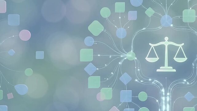 Ethical AI Decision Tree Concept with Floating Light Balance Scale and Copy Space