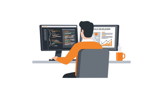Software Developer Programmer Working on Dual Monitors with Code and Data Analytics Flat Illustration