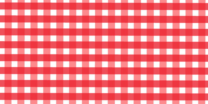 Red tablecloth diagonal background seamless pattern. Vector illustration of traditional gingham dining cloth with fabric texture. Checkered picnic cooking tablecloth.