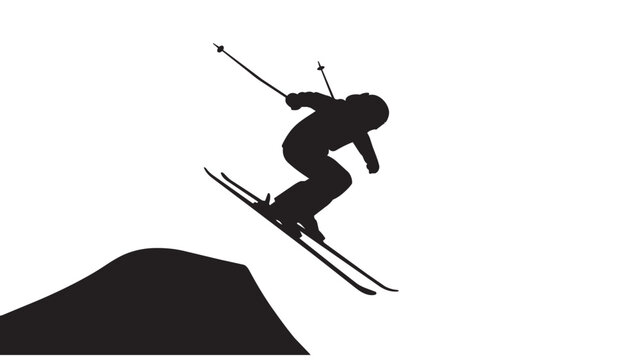 Silhouette of a person skiing and jumping over a snow ramp