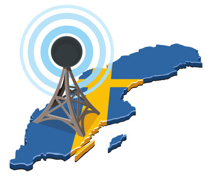 Vector artwork symbolizing mobile network coverage, telecommunication infrastructure, radio broadcasting, or digital connectivity across the map of Sweden, (cut out)