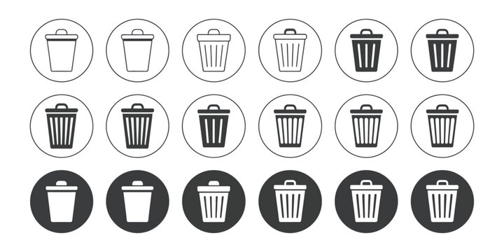 Recycle bin icon set, detailed trash and waste symbols, various styles for digital and web design vector illustration.