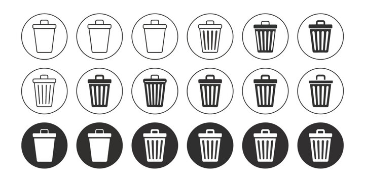 Recycle bin icon set, detailed trash and waste symbols, various styles for digital and web design vector illustration.
