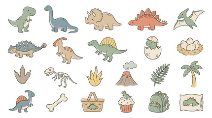 Collection of cute cartoon dinosaurs and related elements, perfect for children's illustrations and educational materials. © Vena