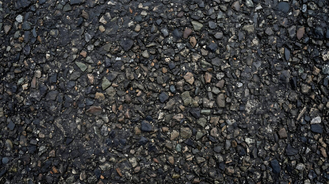 Close-up asphalt texture background, dark grey coarse gravel surface, weathered road material, construction and urban backdrop