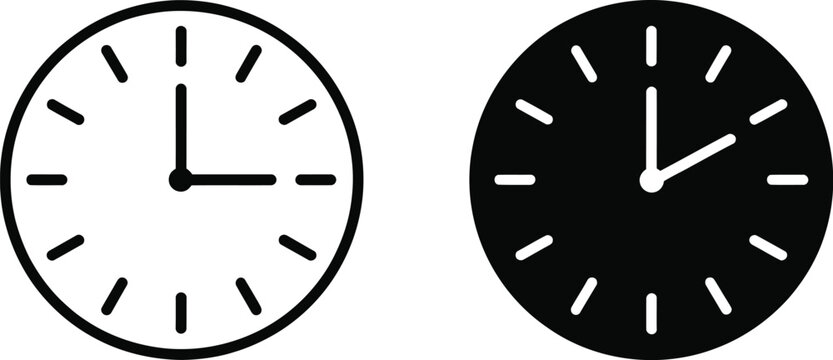 Clock icon vector isolated on white background with time symbol and analog clock interface design.