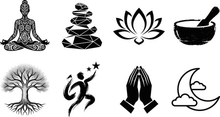Musical instruments vector silhouette icon set featuring piano electric guitar violin drums saxophone harp djembe and vintage microphone in image_8b6b42.png © Utpal