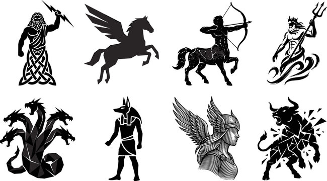 Mythology and legendary creatures vector icon set featuring zeus pegasus centaur poseidon hydra anubis valkyrie and minotaur in image_8b02c4.png