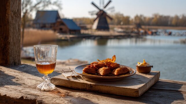 Enjoying mead and varenyky by the Dnipro River
