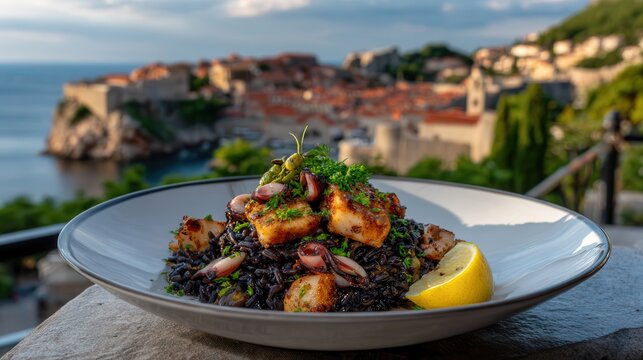 Black squid ink risotto with cuttlefish by Dubrovnik walls