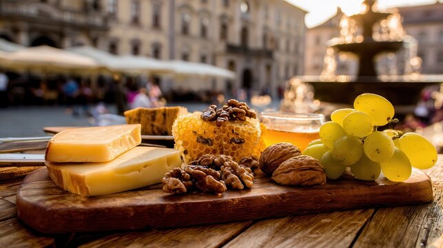 Assorted Galician cheeses on a wooden board in Lviv