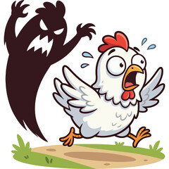Naklejka premium A frightened cartoon chicken runs from a menacing ghost on a dirt patch.