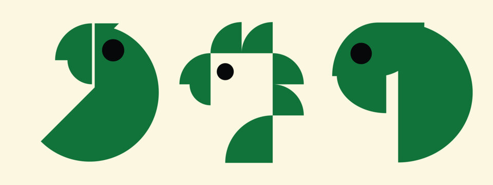 Creative geometric parrot illustration set featuring stylized bird icons constructed from simple shapes and minimalist design principles. Modern flat vector-style artwork with clean lines and abstract