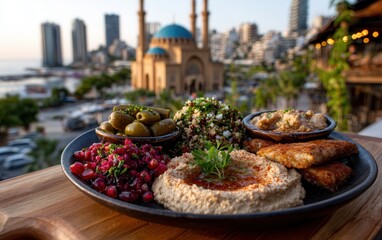 Obraz premium Lebanese mezze served with Beirut skyline in warm light