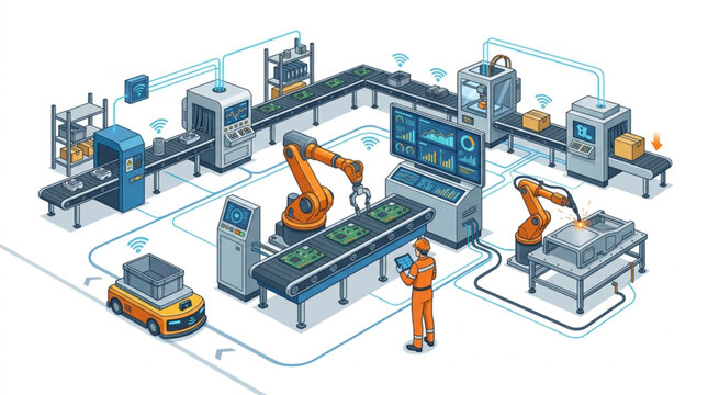 Robotic arms in industrial factory setting.