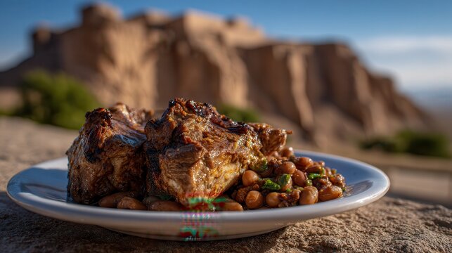 Cabrito a la norte&ntilde;a served with beans and yuca in Trujillo