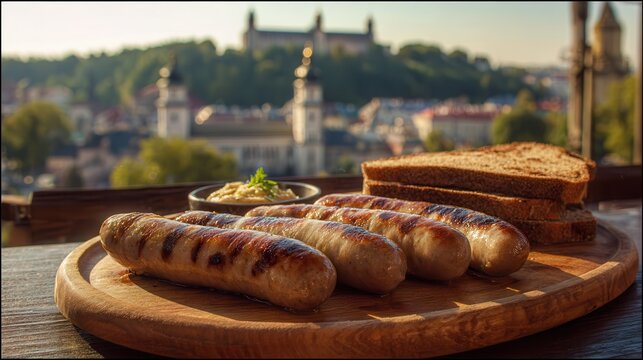 Grilled homemade sausages served with rye bread in Lviv
