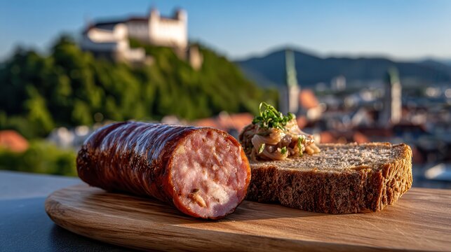 Slovenian sausage by Ljubljana Castle