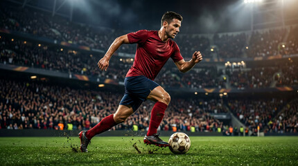 Naklejka premium Soccer player in action kicking ball on stadium field