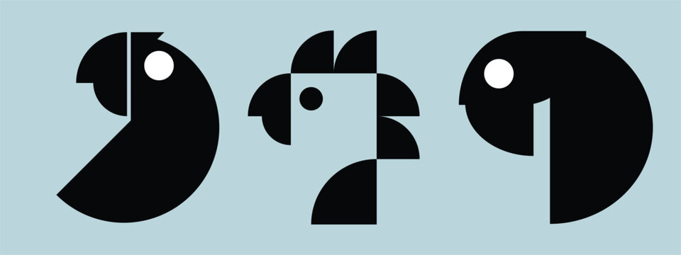 Creative geometric parrot illustration set featuring stylized bird icons constructed from simple shapes and minimalist design principles. Modern flat vector-style artwork with clean lines and abstract