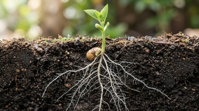Young green plant sprout growing from fertile dark soil showing root system and small seed casing in macro nature photography.