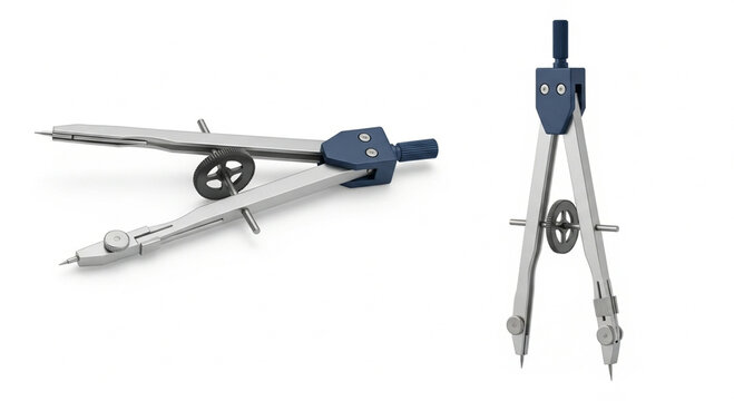 A pair of compasses, tools for drawing circles and arcs, presented from two different angles