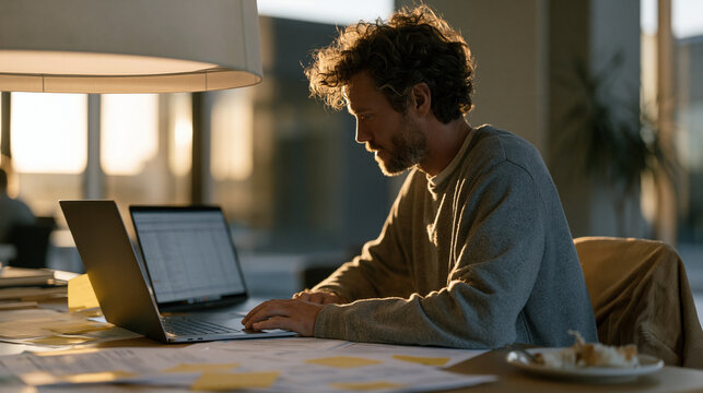 Grant writer at a nonprofit office desk surrounded by printed foundation guidelines, sticky notes, and a laptop displaying a logic model spreadsheet, a half-eaten lunch pushed
