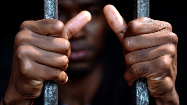 Dark bars frame a man's tense grip